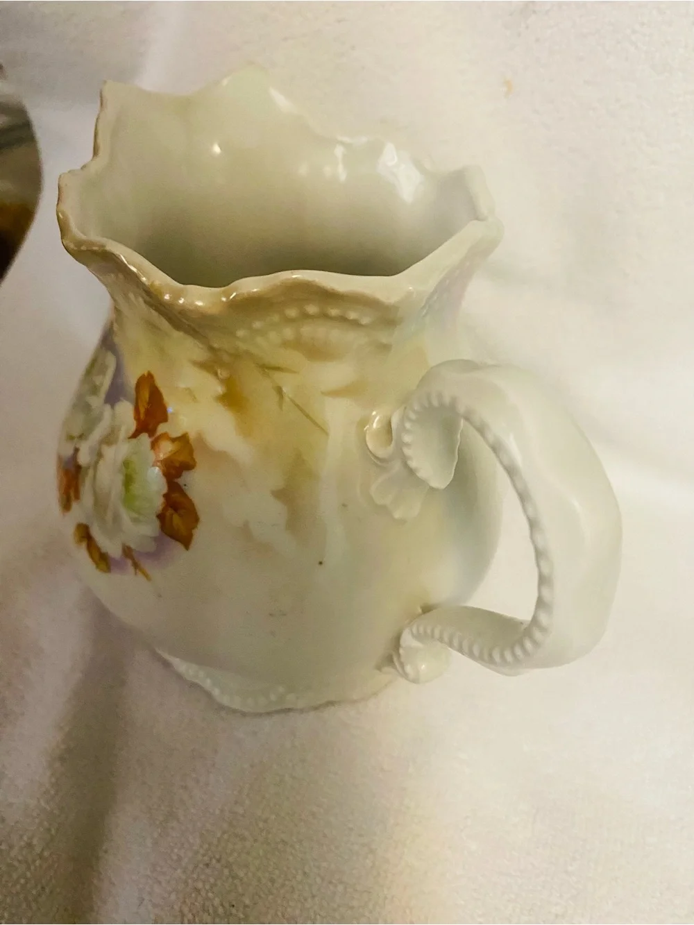 VNTG Leuchtenburg Germany Porcelain Cream Floral Pitcher Lusterware
